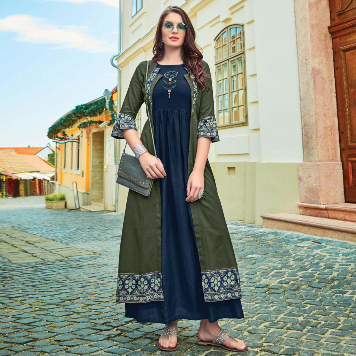 Flamboyant Navy Blue-Green Colored Partywear Embroidered Rayon Long Kurti With Shrug