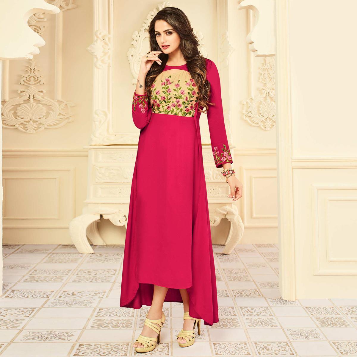 Groovy Pink Colored Party Wear Floral Embroidered Rayon Kurti