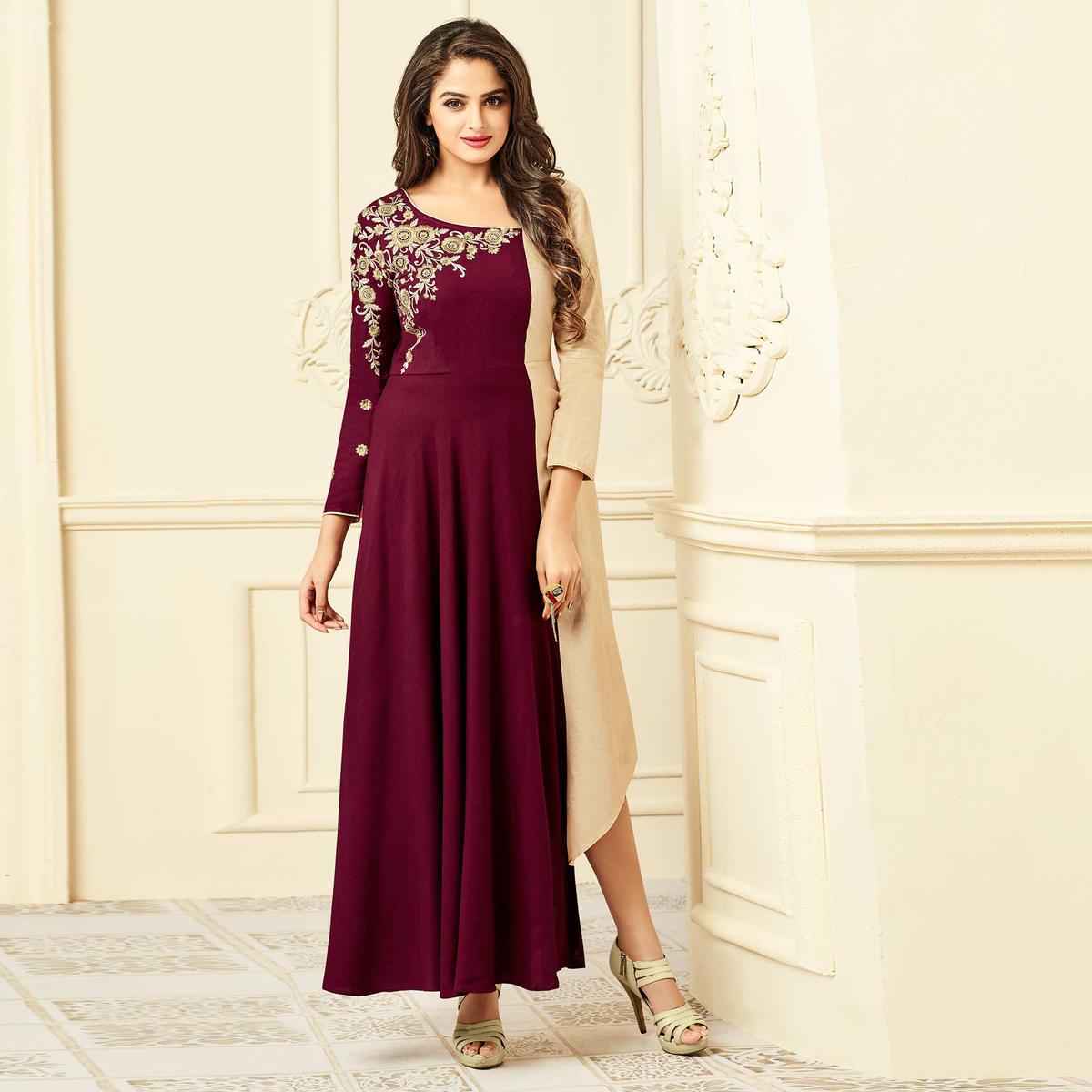 Trendy Wine-Beige Colored Party Wear Floral Embroidered Rayon Kurti