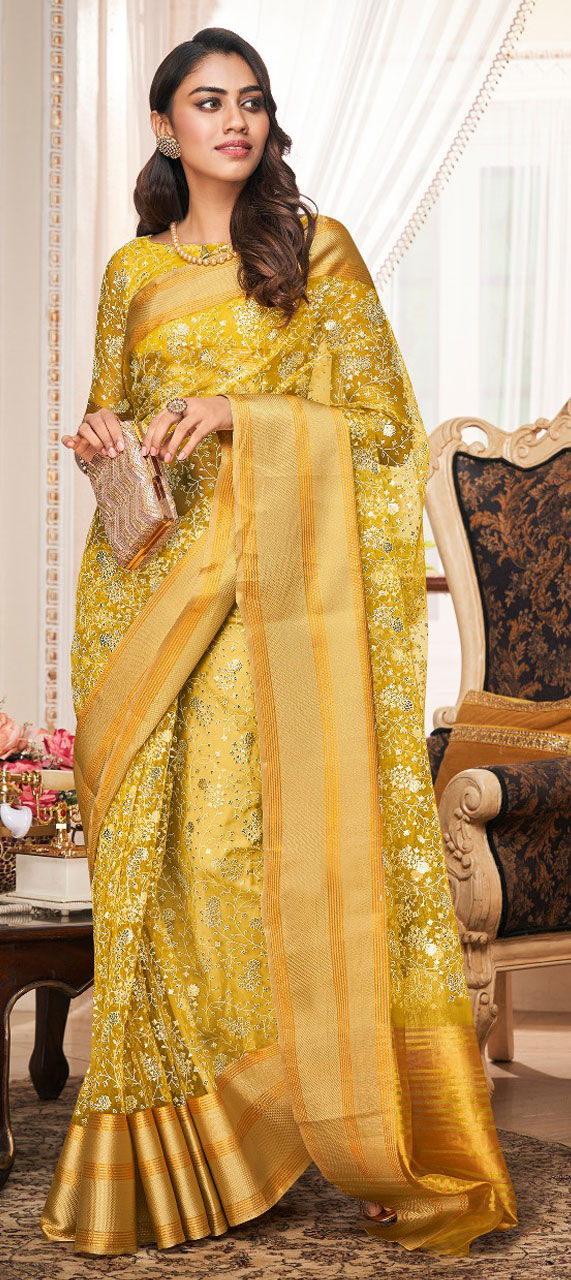 Organza Silk Casual Saree in Yellow with Embroidered work