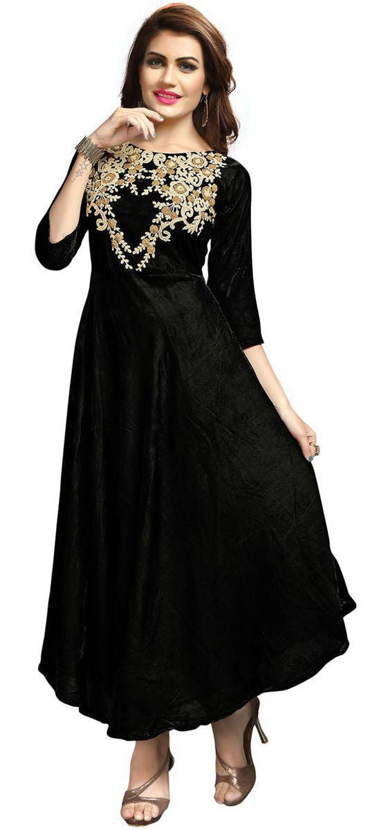 Velvet Casual Kurti in Black and Grey with Embroidered work