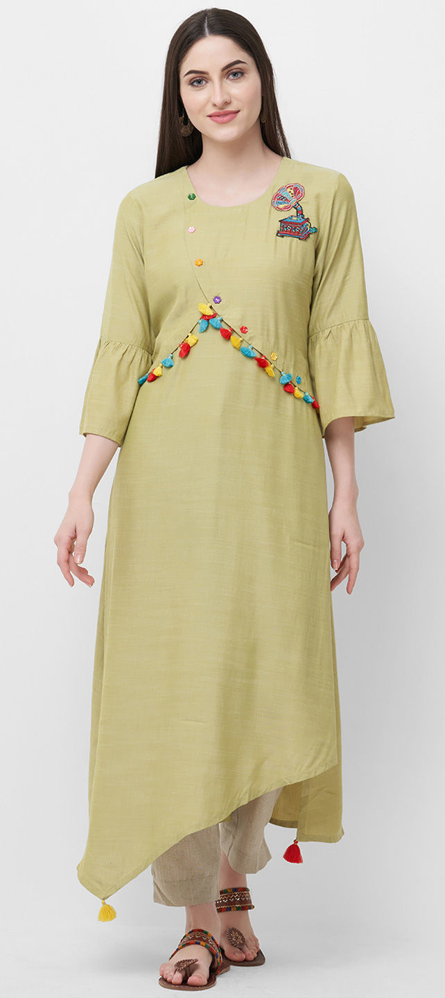 Rayon Casual Kurti in Green with Appliques work