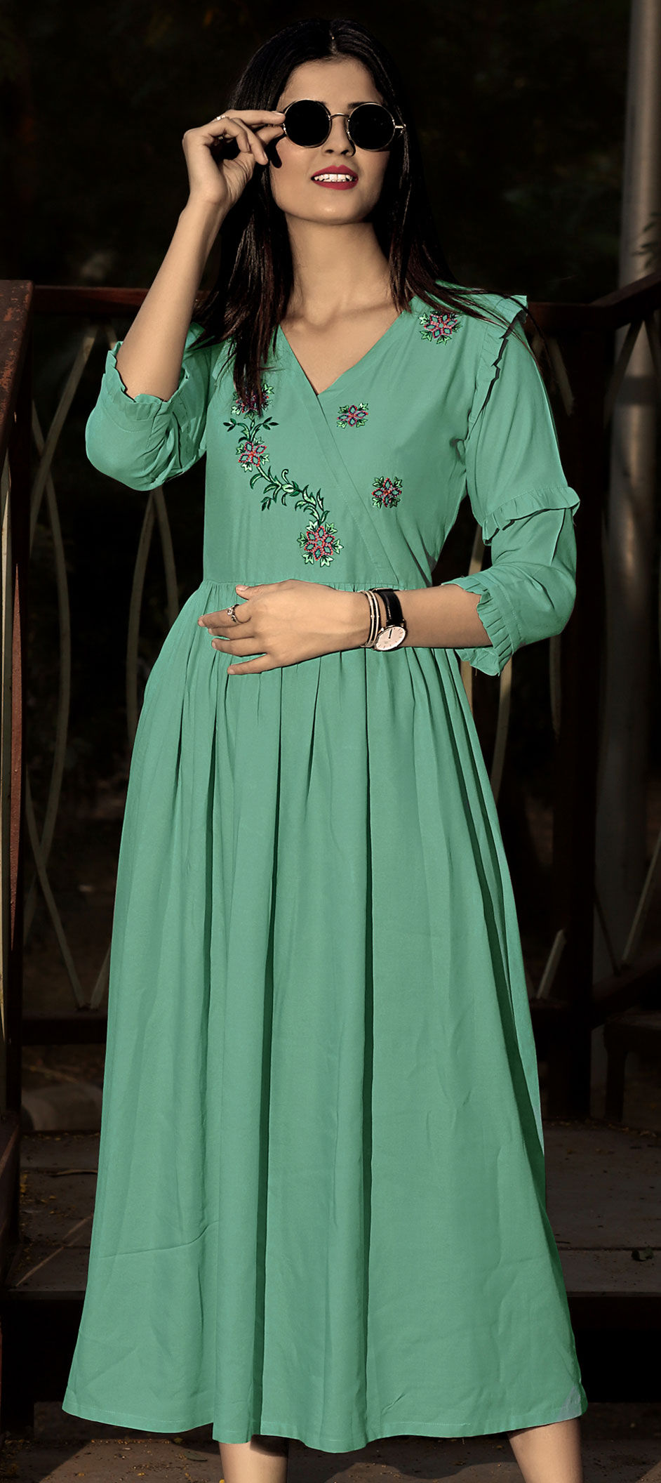 Rayon Casual Kurti in Green with Resham work