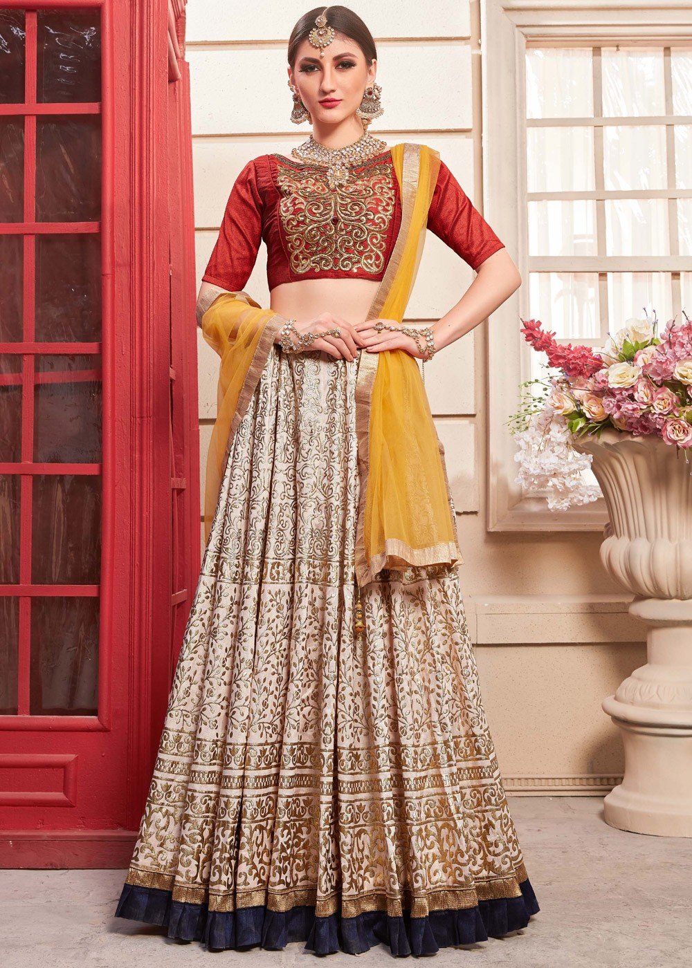 Cream Embroidered Lehenga Choli