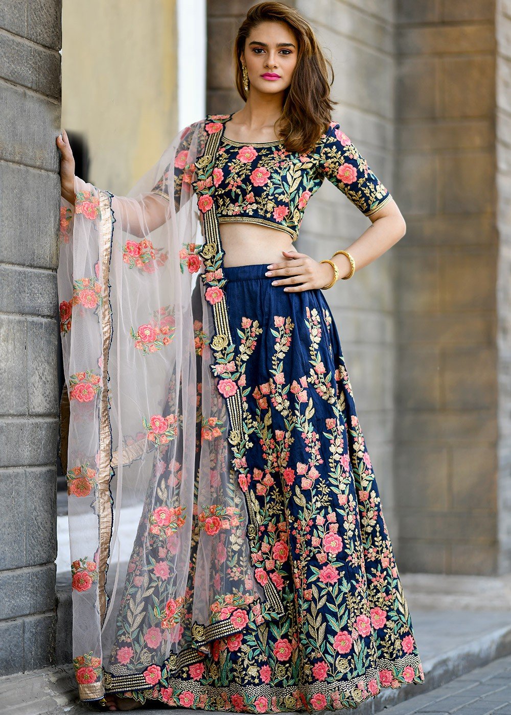 Navy Blue Embroidered Silk Lehenga Choli