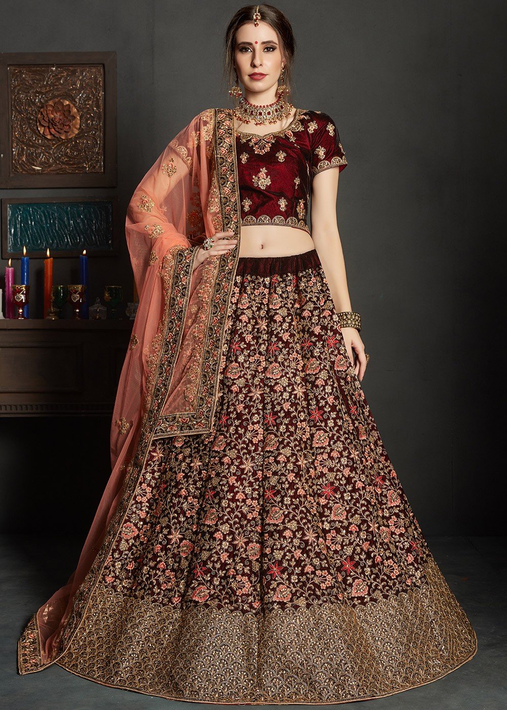 Maroon Heavy Embroidered Bridal Lehenga Choli