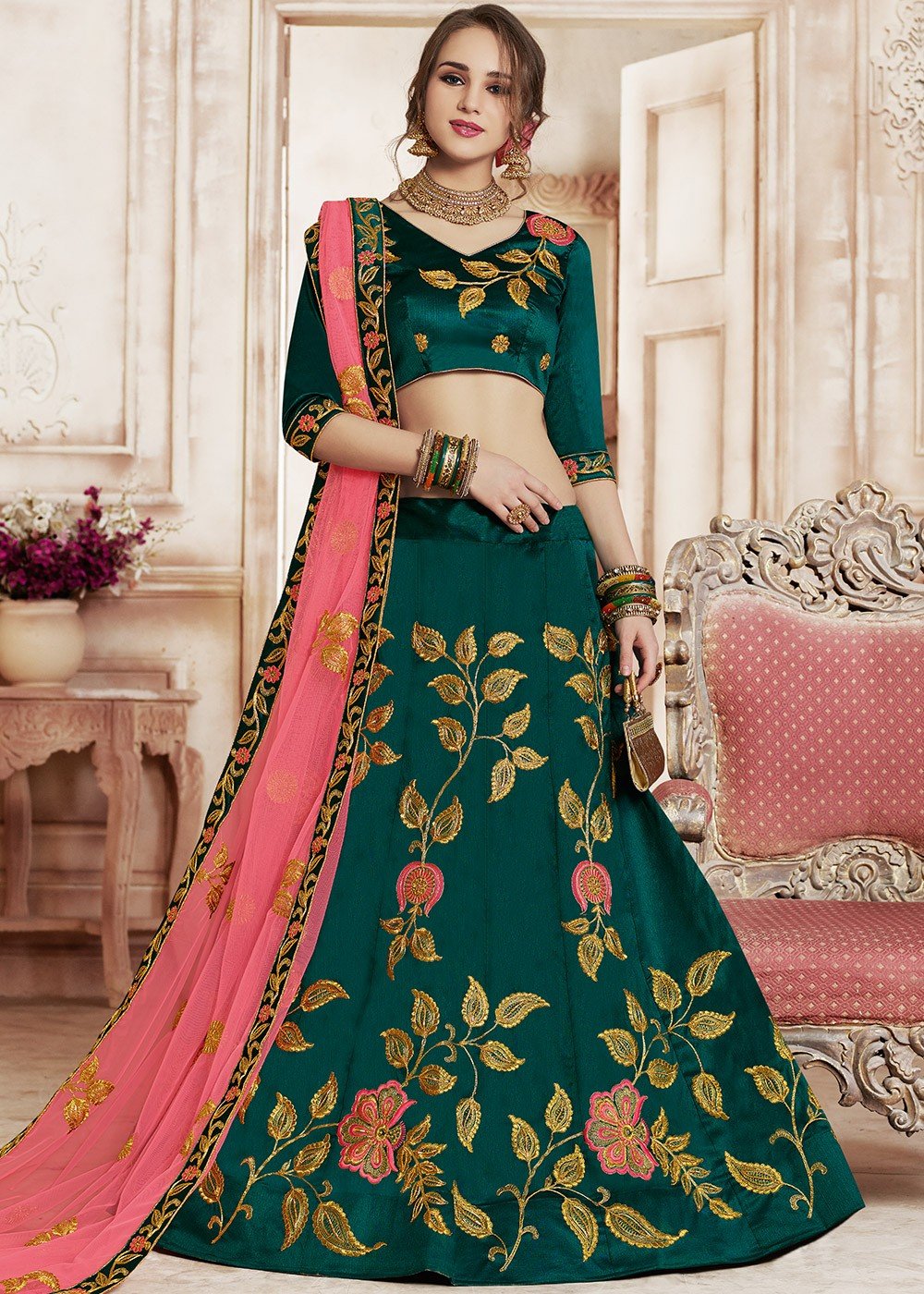 Teal Green Embroidered Art Silk Lehenga Choli