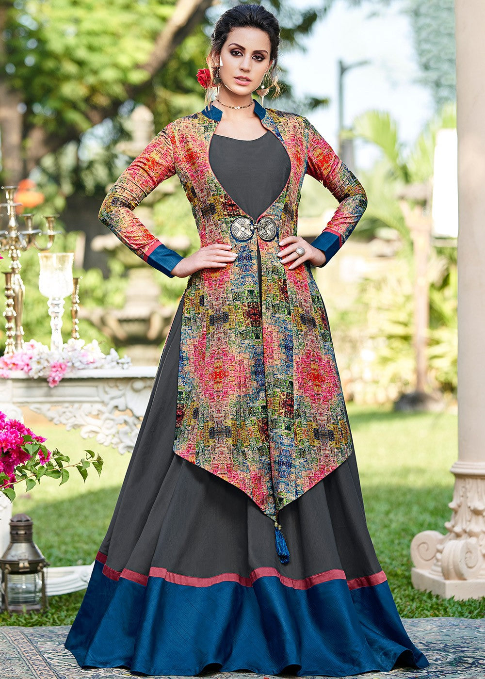 Deep Grey Readymade Flared Gown With Jacket
