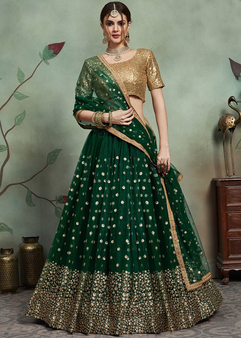 Dark Green Sequins Embellished Lehenga Choli