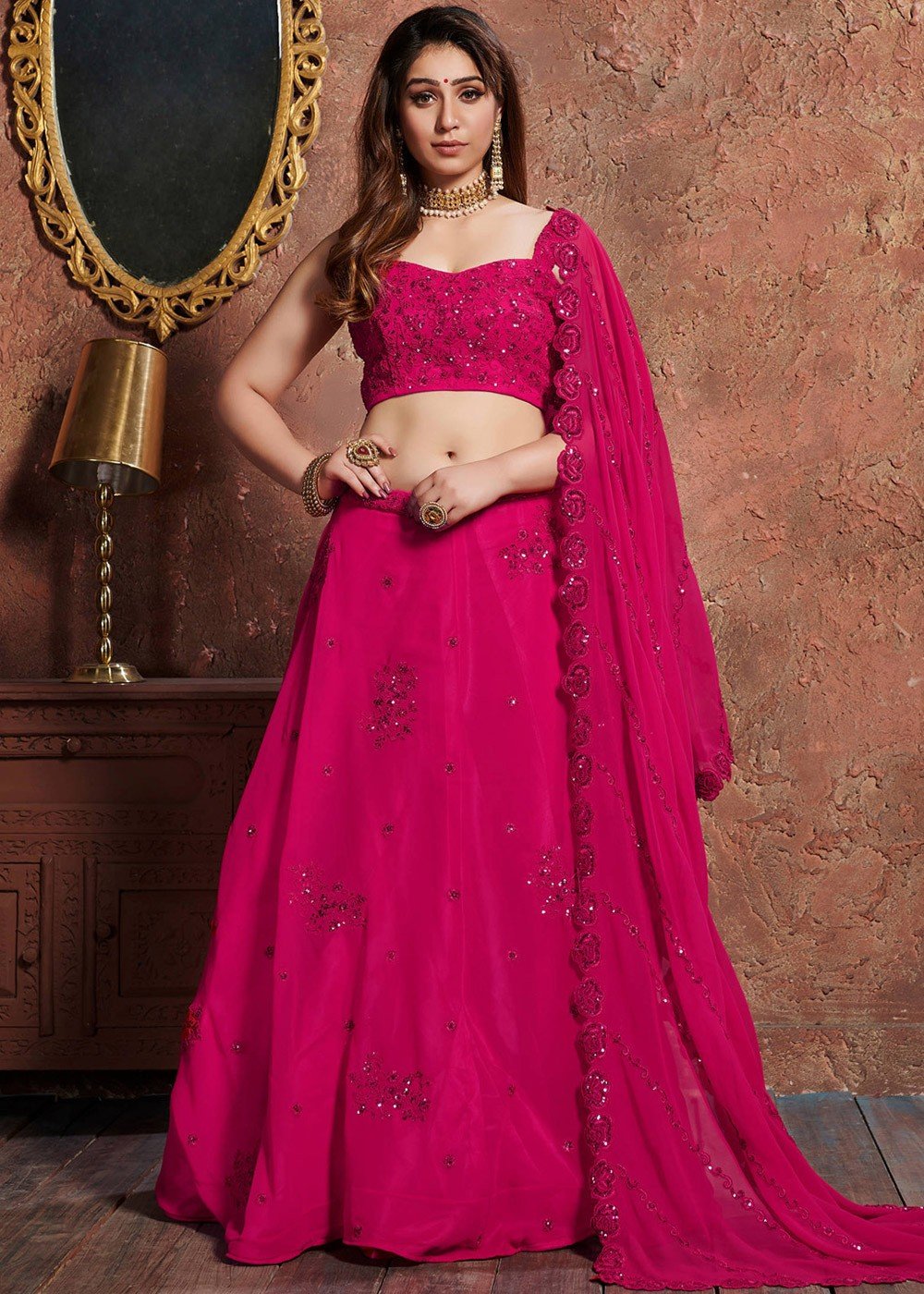 Pink Embroidered Georgette Lehenga Choli
