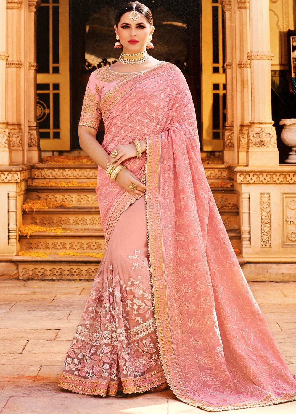 Pink Thread Embroidered Art Silk Saree