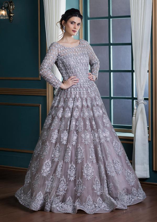 GREY SILVER ZARI WORK NET DESIGNER GOWN
