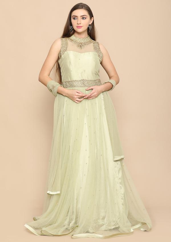 PISTA GREEN PEARL WORK SATIN DESIGNER GOWN