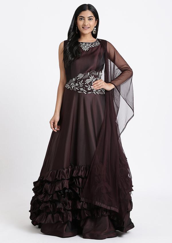 MAROON STONE WORK ART SILK DESIGNER GOWN
