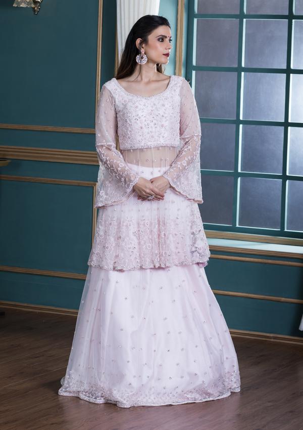 BABY PINK EMBELLISHED NET INDO WESTERN DESIGNER GOWN