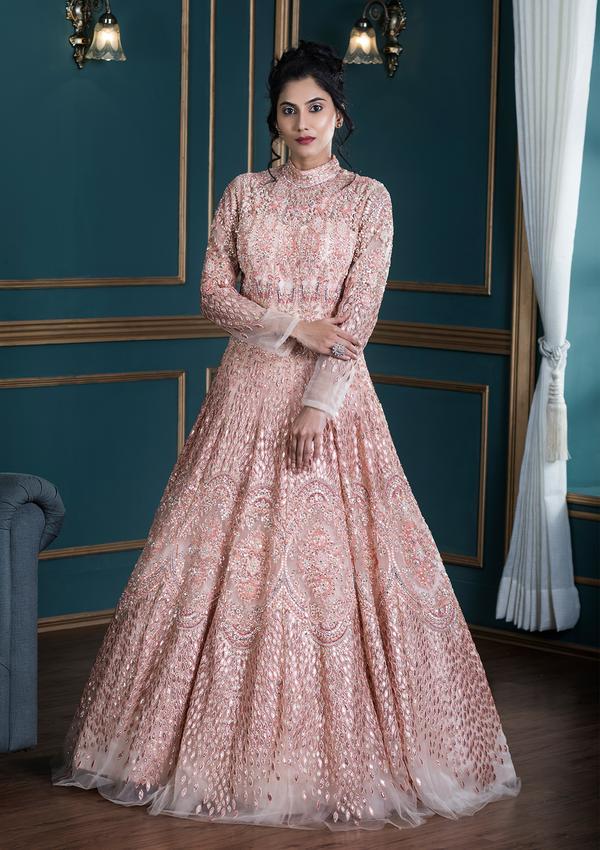 PEACH GOTTA PATTI NET EVENING DESIGNER GOWN
