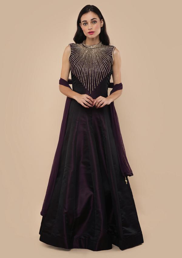 WINE RED STONE WORK TAFETTA DESIGNER GOWN