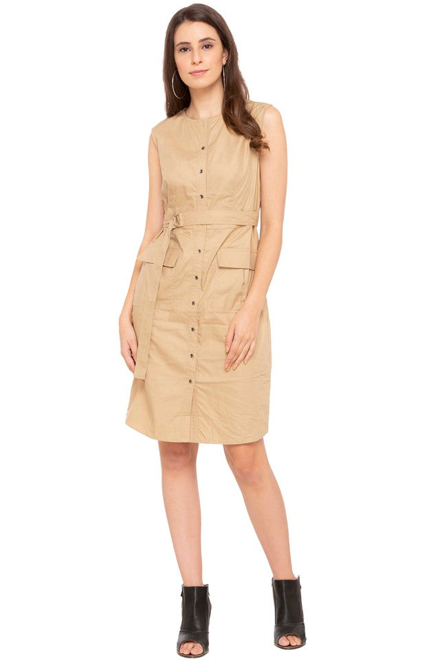 Womens Round Neck Solid Shirt Dress