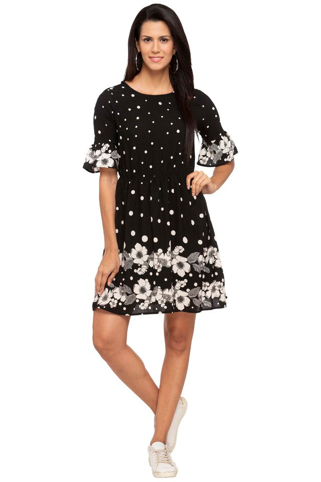 Womens Round Neck Printed Skater Dress