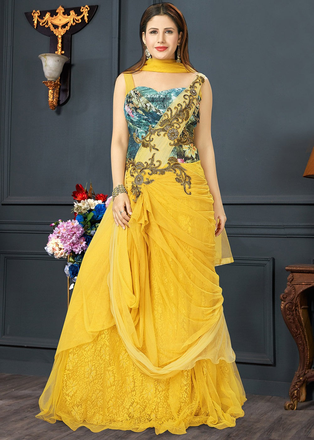 Readymade Twin Layered Gown In Yellow