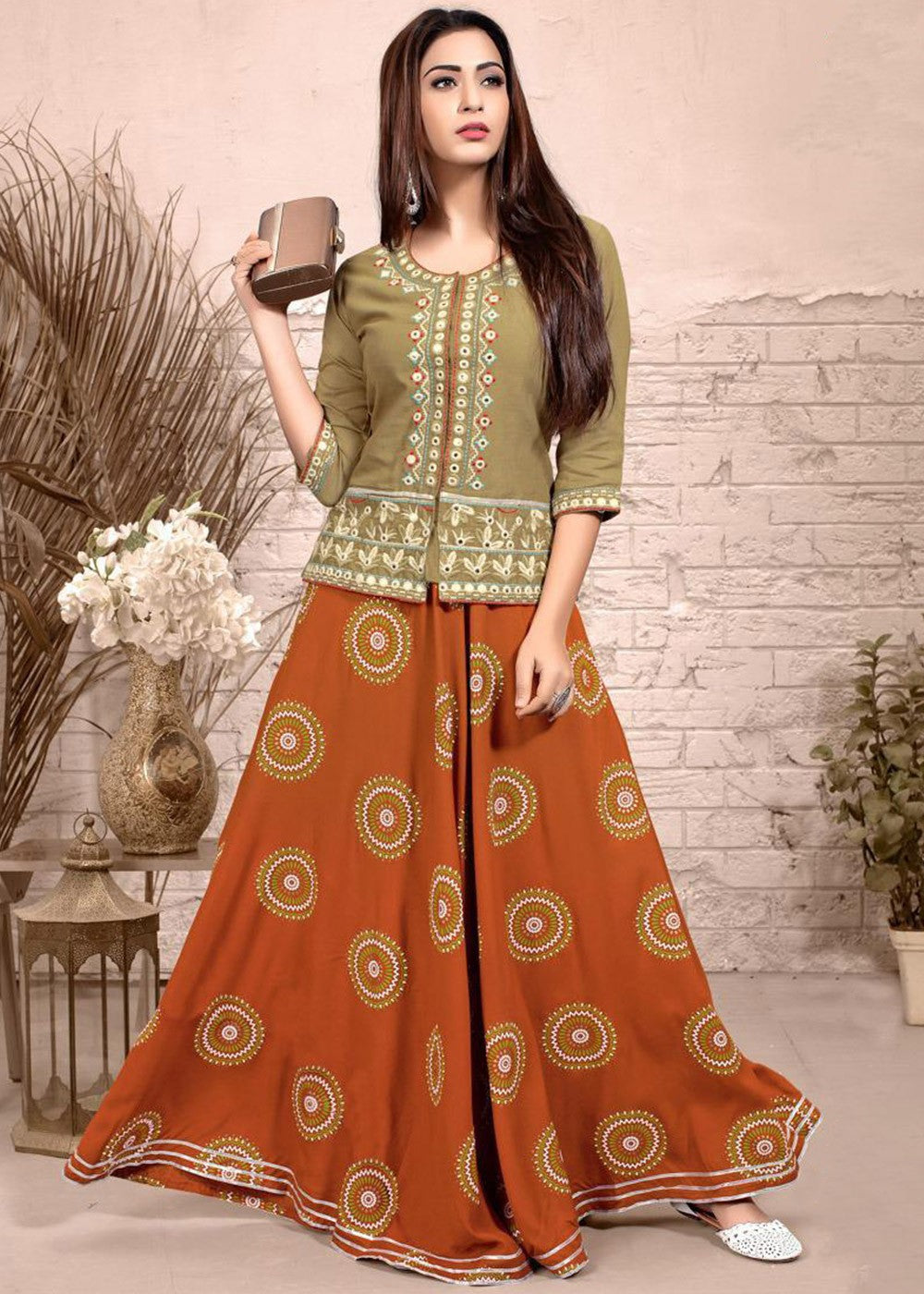Readymade Orange Floral Printed Skirt Top Set