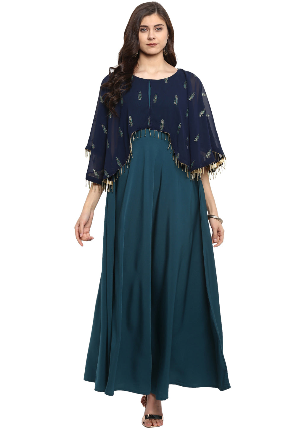 Blue Georgette Readymade Gown With Cape