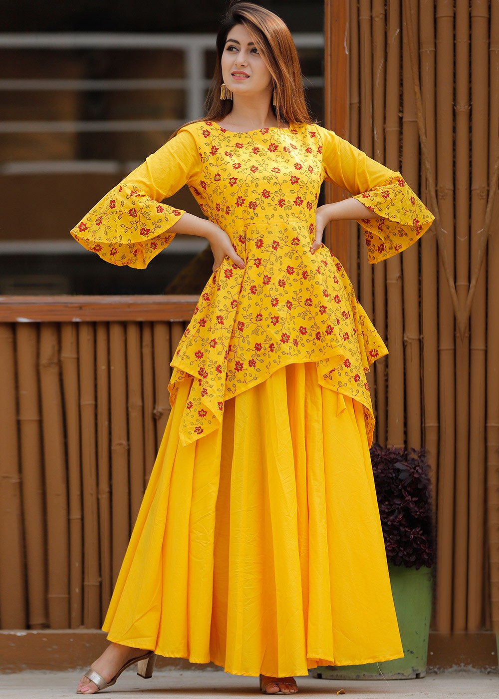 Yellow Readymade Printed Asymmetric Kurti Skirt Set