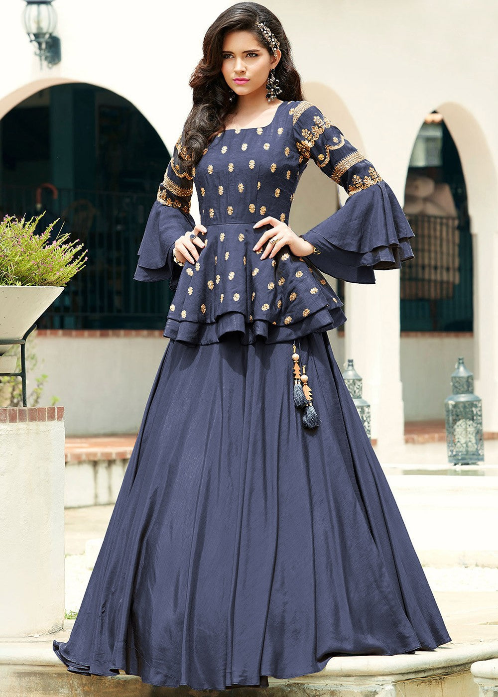 Navy Blue Bell Sleeved Embroidered Kurti Skirt Set