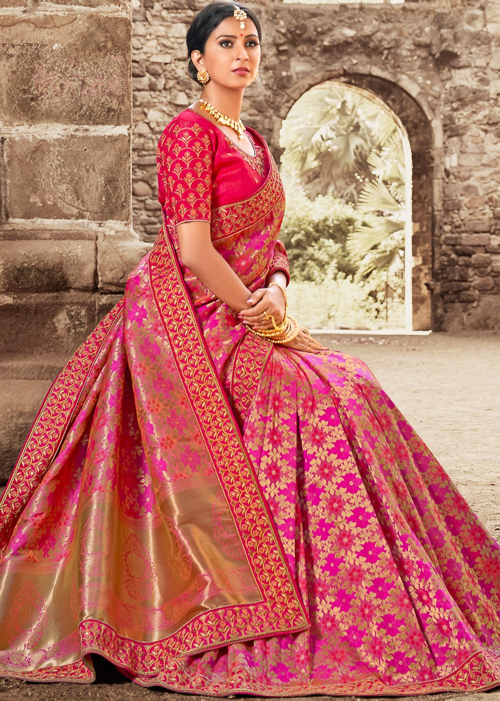 Neon Pink Embroidered Art Silk Saree
