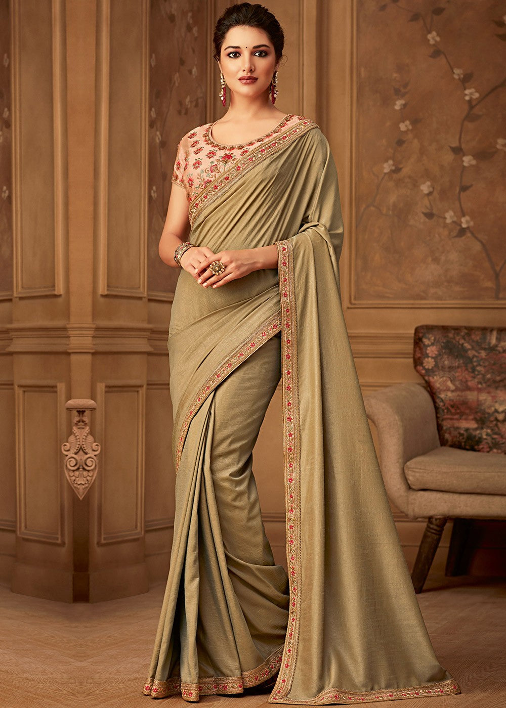 Light Olive Green Saree With Embroidered Blouse