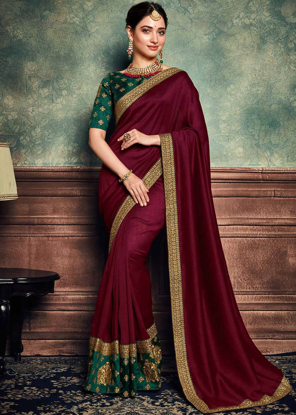 Tamanna Bhatia Maroon Heavy Border Saree