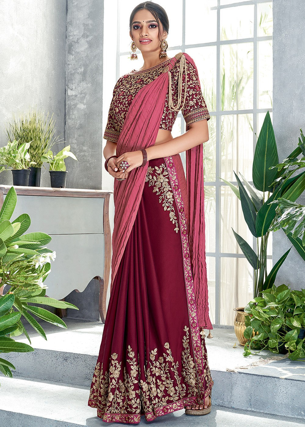 Maroon And Pink Half N Half Pre Stitched Saree