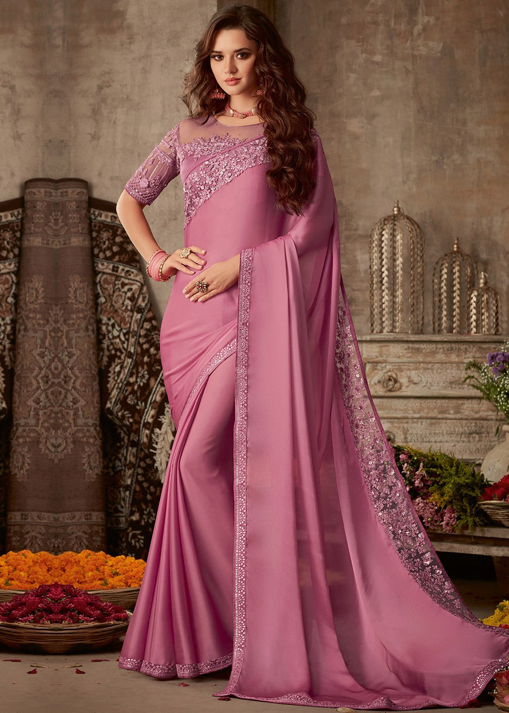 Pink At Silk Saree With Embroidered Blouse