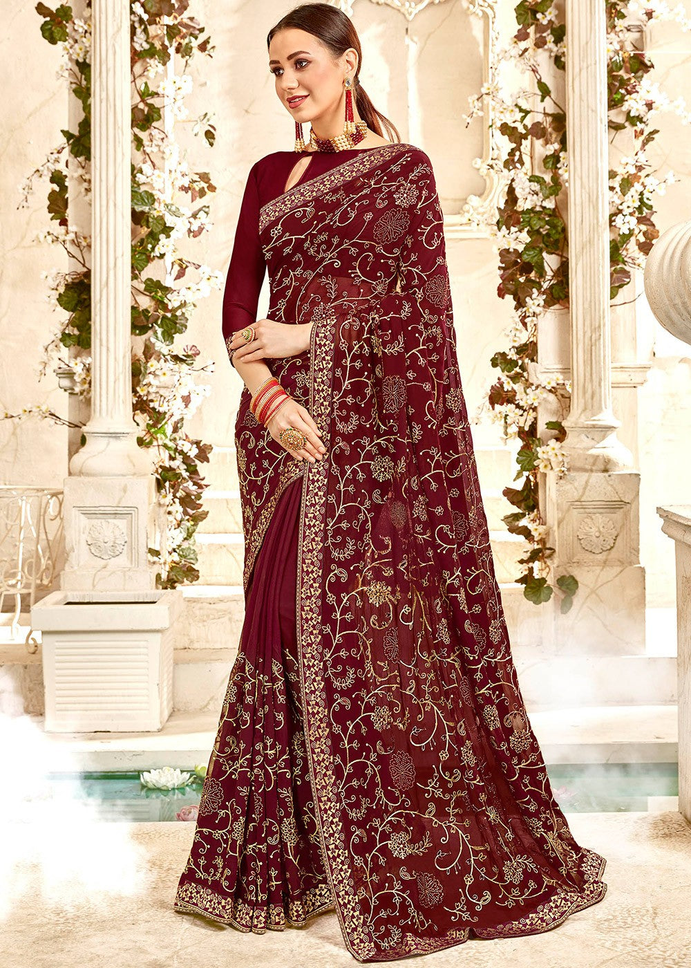 Maroon Zari Embellished Bridal Saree
