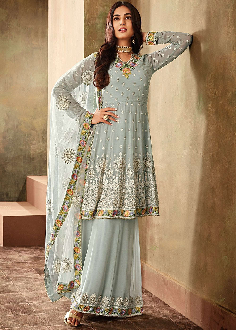 Sonal Chauhan Powder Blue Pakistani Sharara Suit