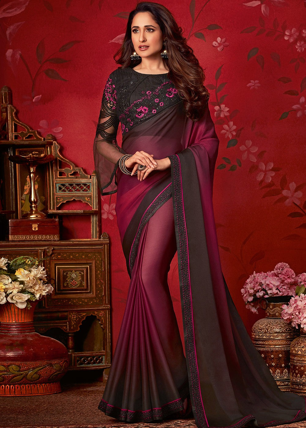 Magenta Black Shaded Saree With Blouse