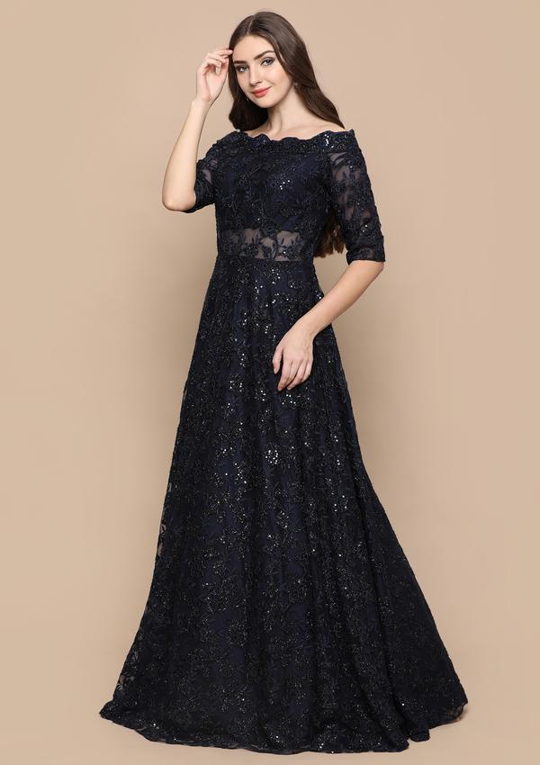 NAVY BLUE THREAD WORK NET DESIGNER GOWN