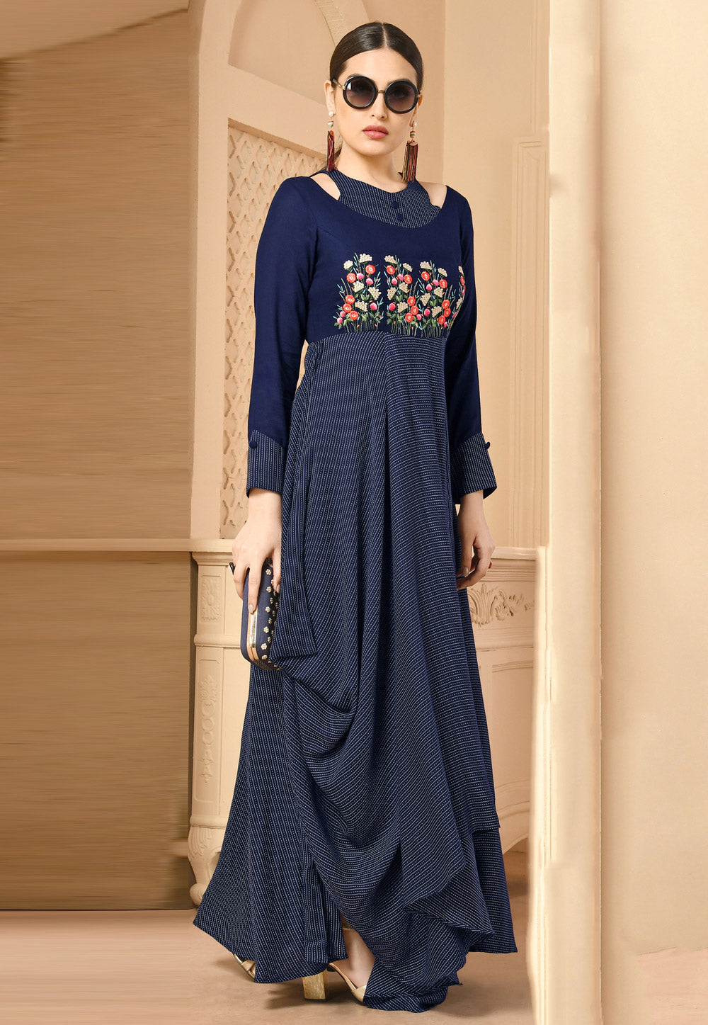Navy Blue Rayon Readymade Designer Kurti