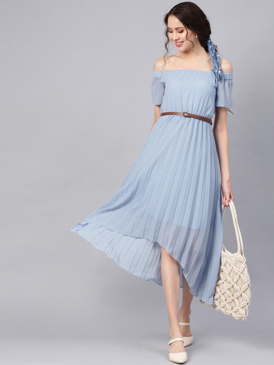 Women Blue Solid Accordian Pleats Off-Shoulder A-Line Dress