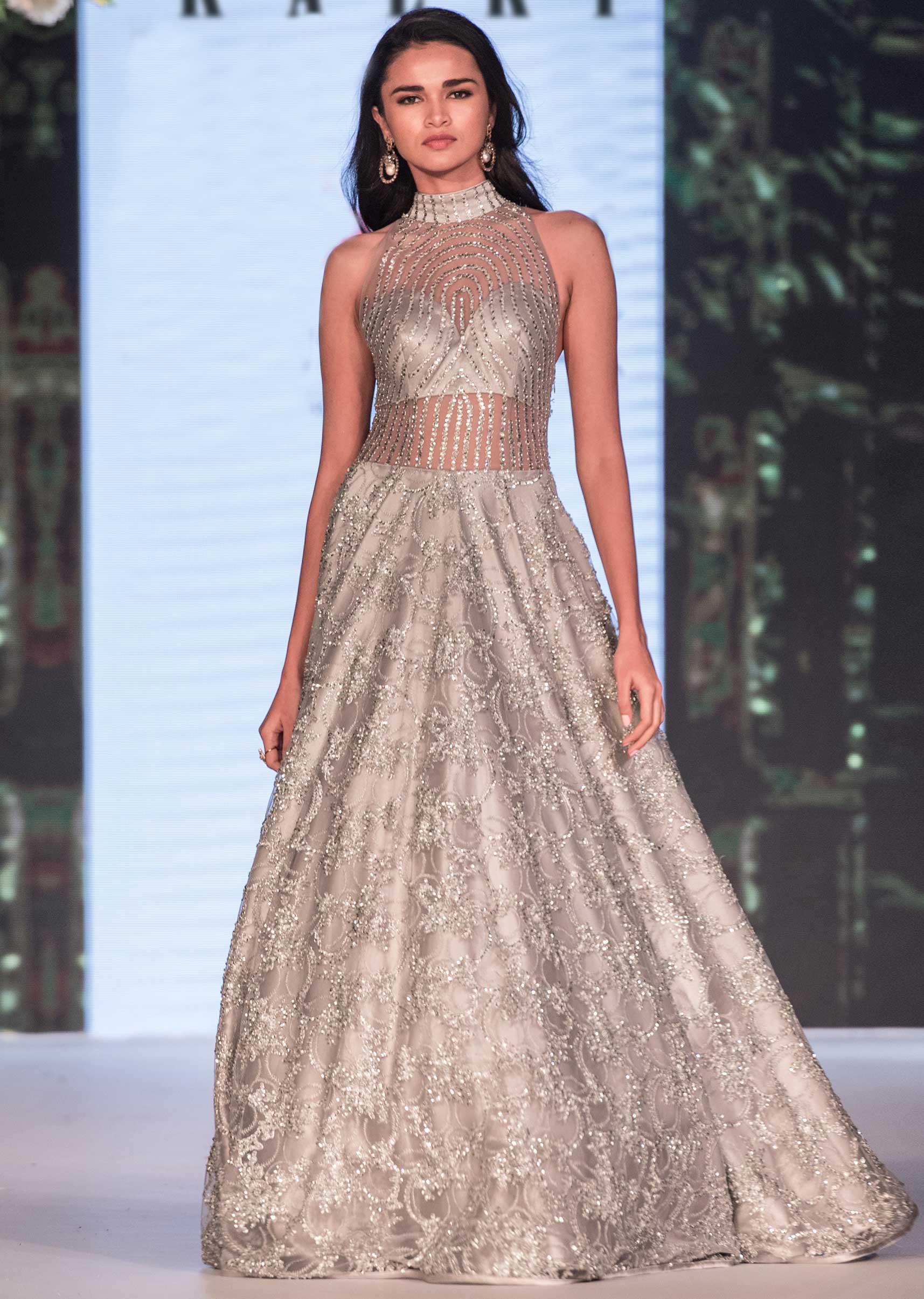 Grey Gown In Embroidered Net With Sheer Yoke And Waist Line Online