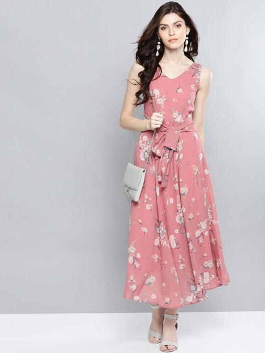 Women Pink & Grey Printed Maxi Dress
