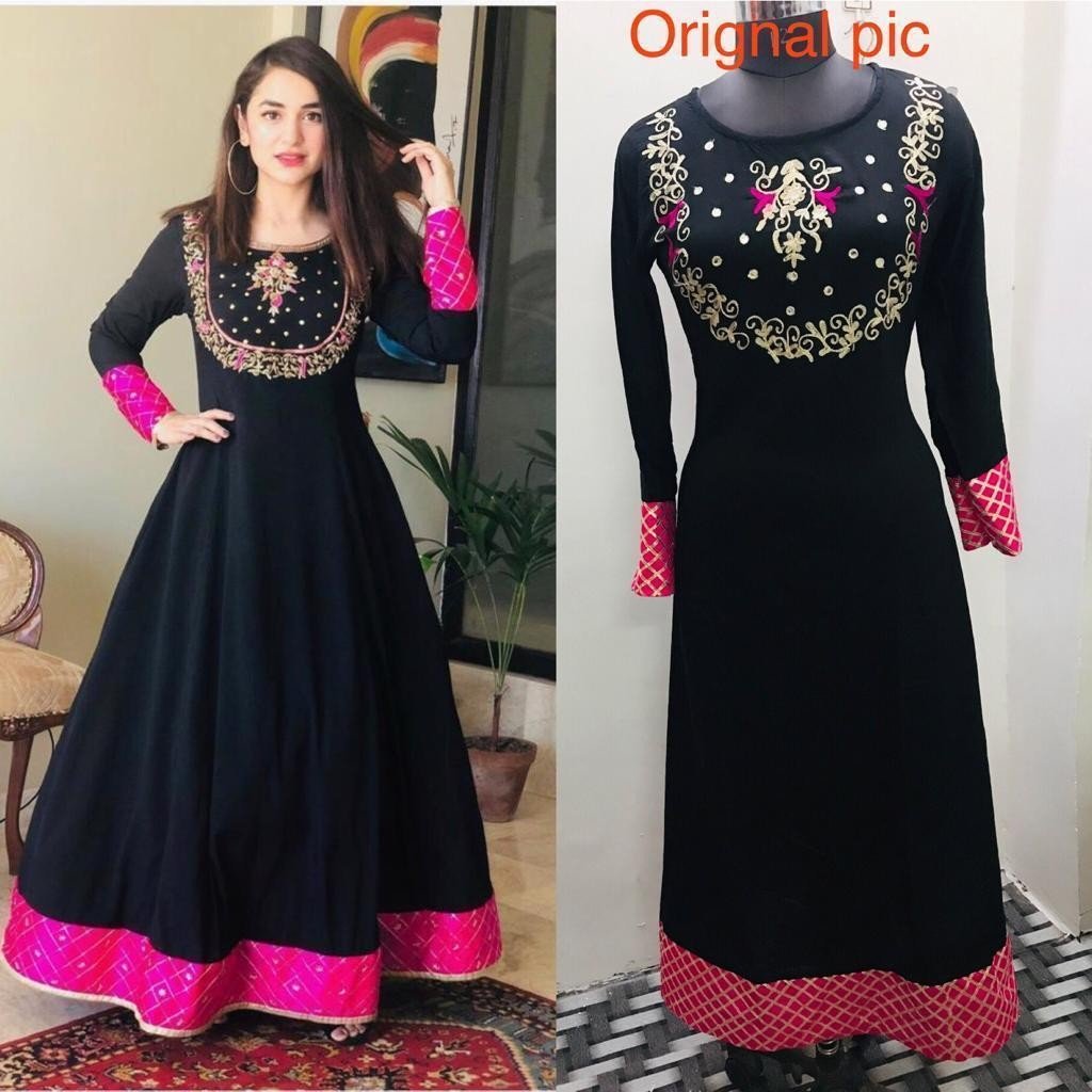 Designer Embroidered Rayon Black Pink Color Stitched Gown