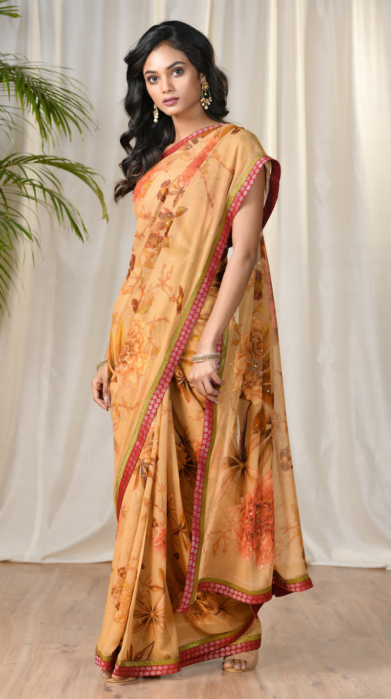 MUSTARD & CORAL FLORAL SAREE WITH UNSTITCHED BLOUSE