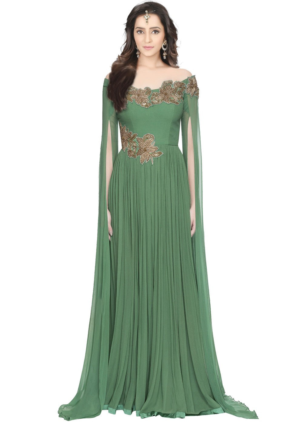 Readymade Green Georgette Indo Western Gown