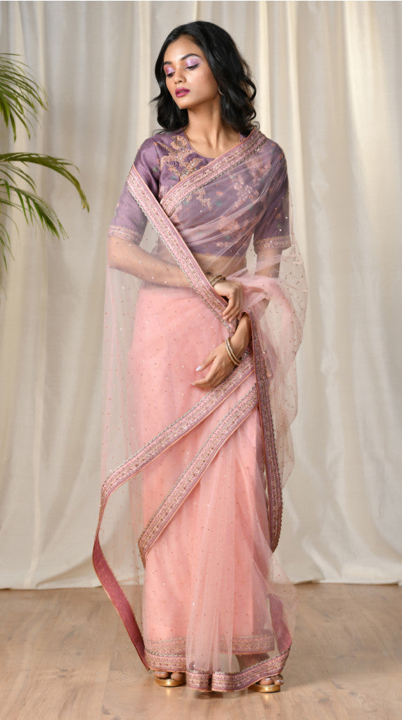 MAUVE & PINK FLORAL SAREE WITH STITCHED BLOUSE