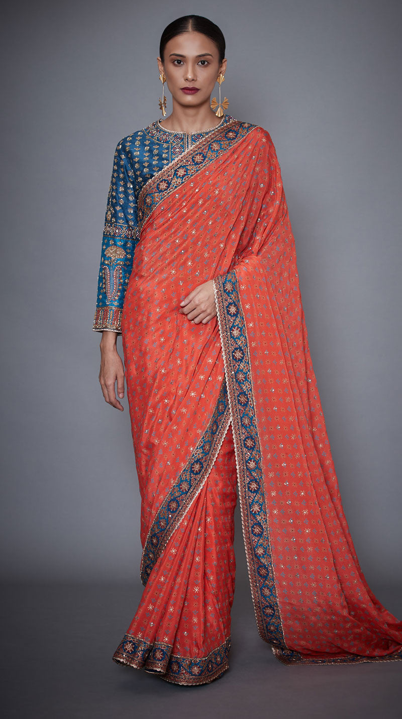 TURQUOISE & CORAL EMBROIDERED SAREE WITH STITCHED BLOUSE