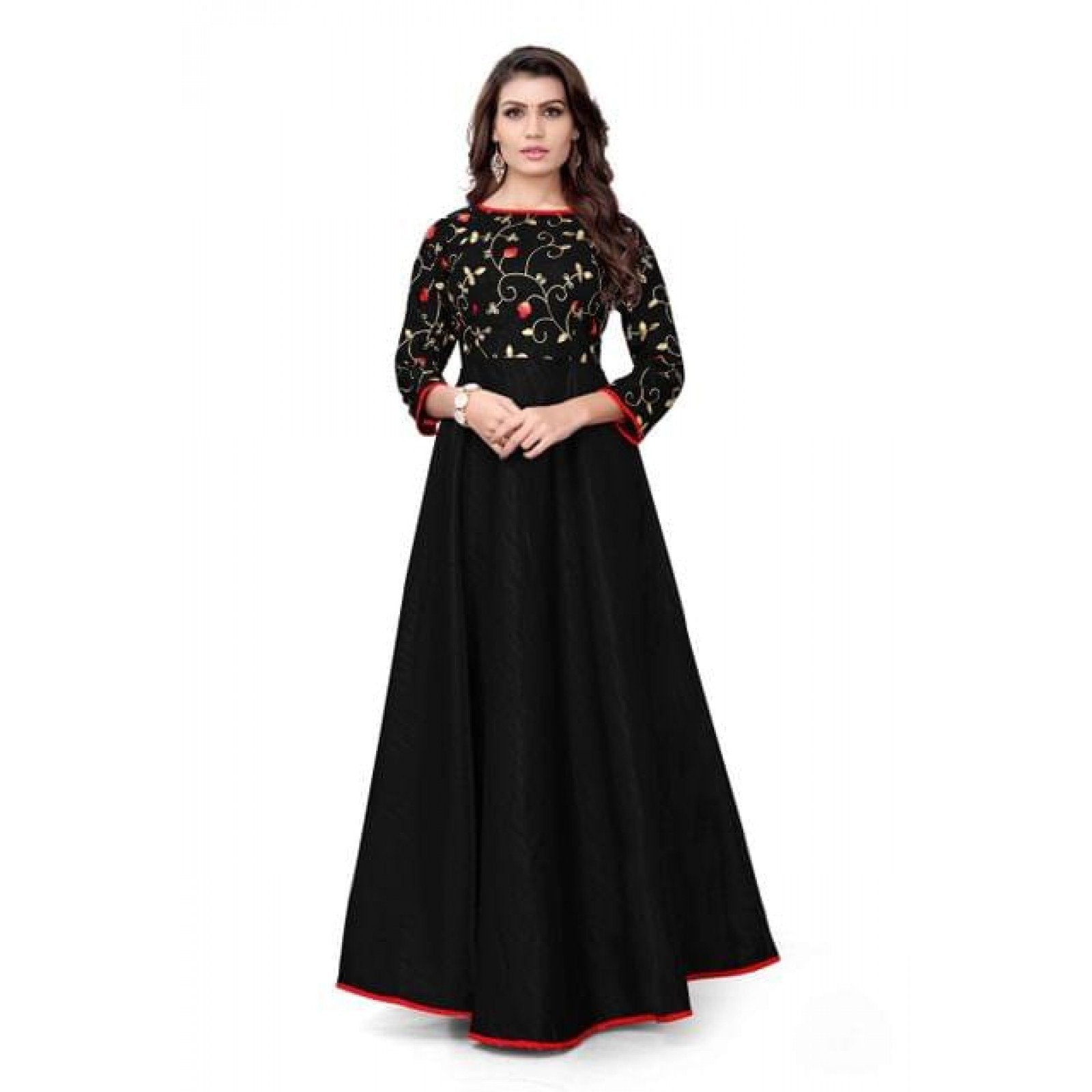 Silk Fabric Embriodery Pattern Festive Look Gown (Black)