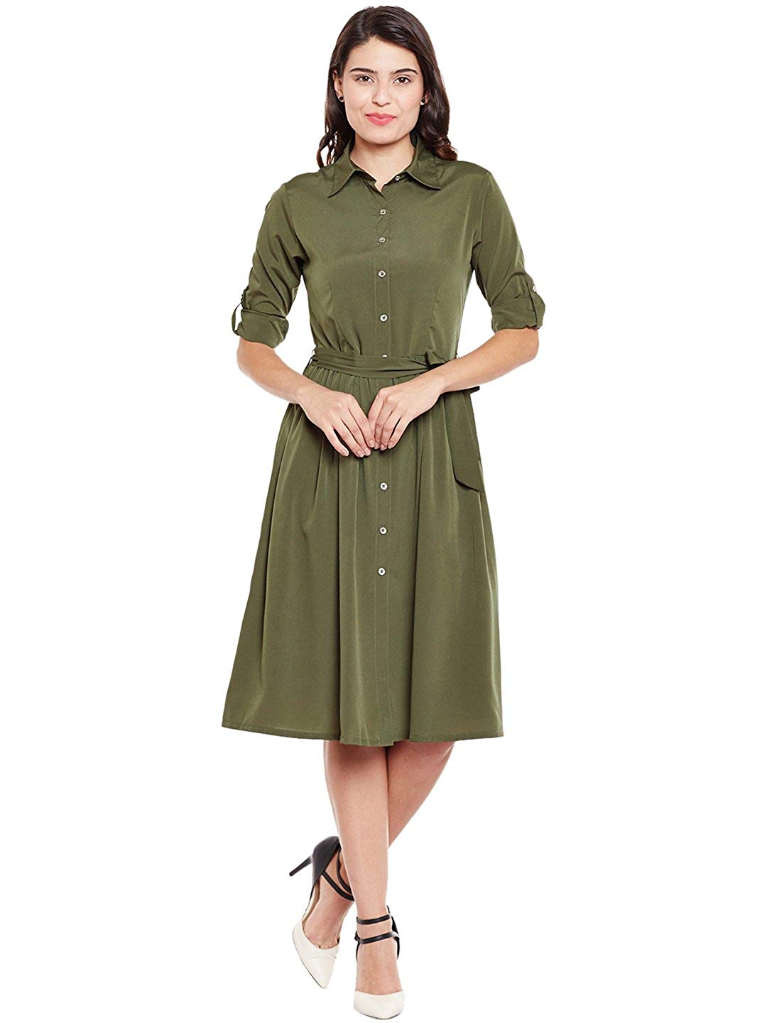 Wisstler Women's Olive Green Poly Crepe Shirt Dress with Belt