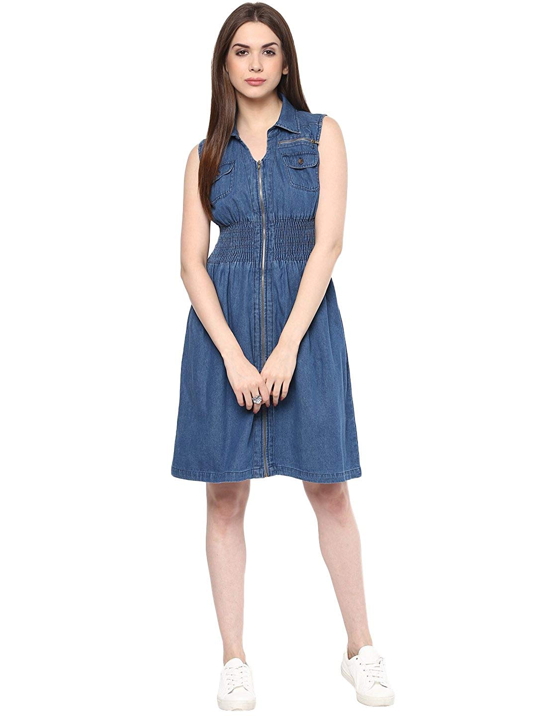 Women's Denim Knee Length Zip Dress with Smocked Waistline