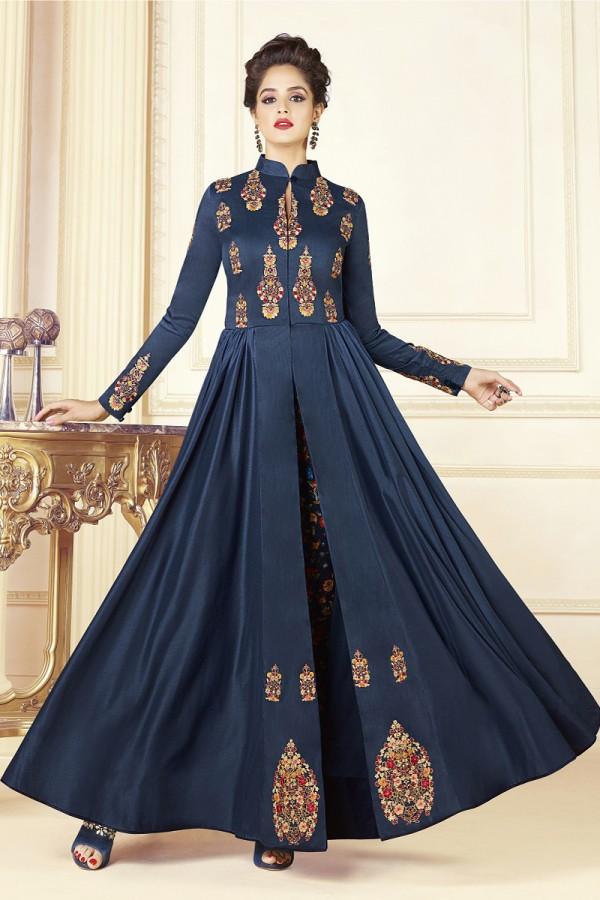 Delusive Dark Blue Silk Digital Print with Embroidery Work Kurti
